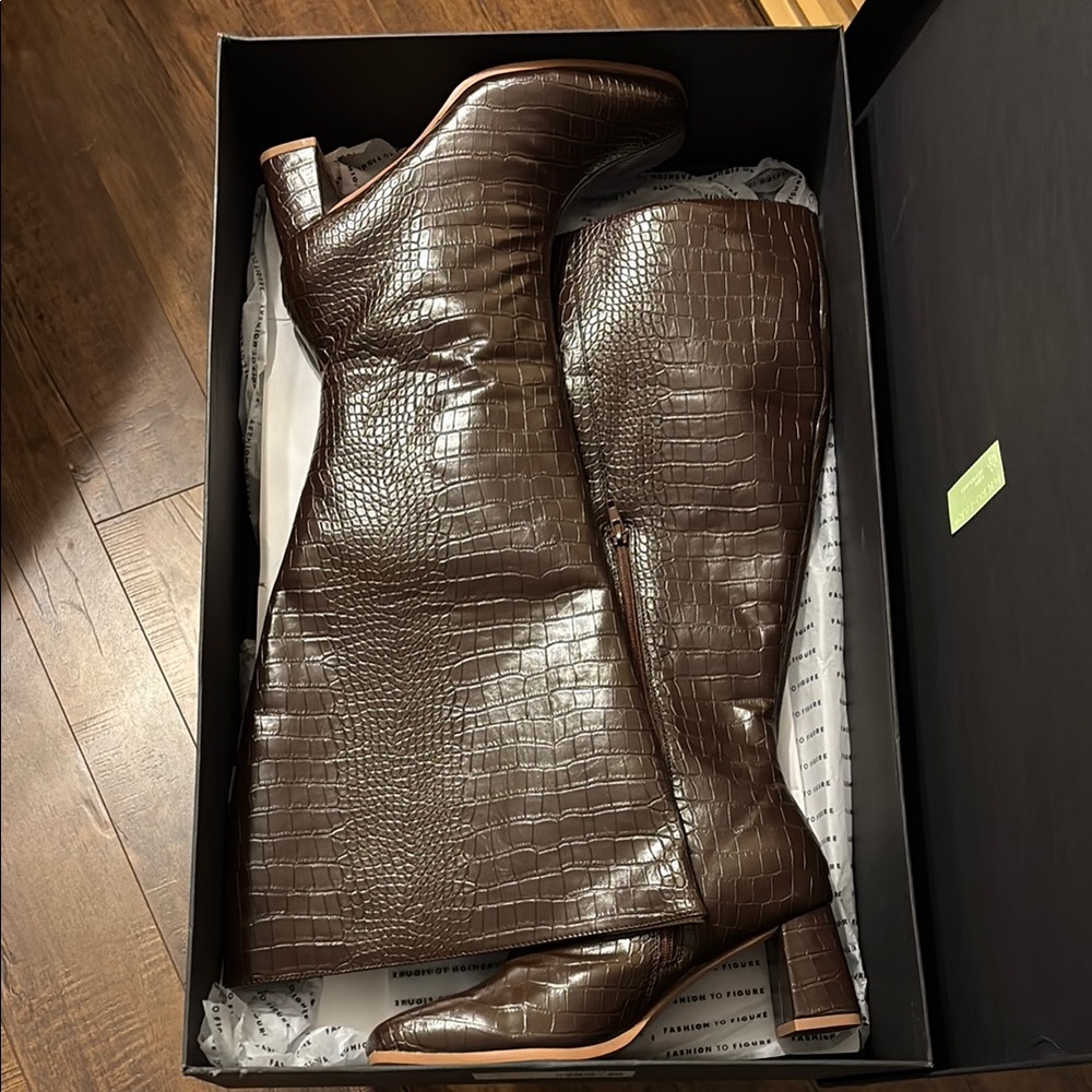 Brown Croc-Embossed Knee-High Boots